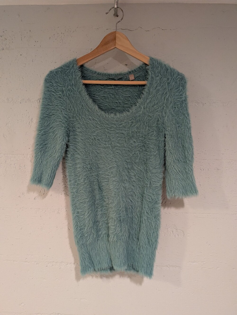 Anthropologie Knitted Knotted Fuzzy Sweater Teal Boho Cottagecore XS Classic